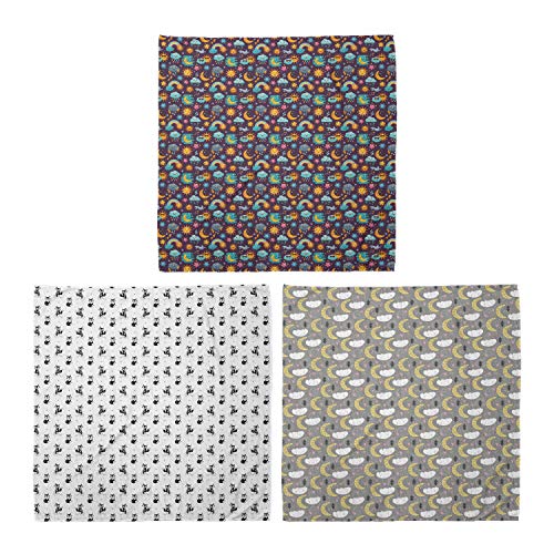 ABAKUHAUS Pack de 3 Bandanas Unisex, Sun sonriente alegre nubes zorros andar en bicicleta guardería en horario nocturno Sueños de la luna, Multicolor