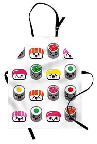 ABAKUHAUS Sushi Delantal de Cocina, Símbolos De Sushi De Kawaii Style, Los Colores No Destiñen Ajustable Estampa Digital, Multicolor