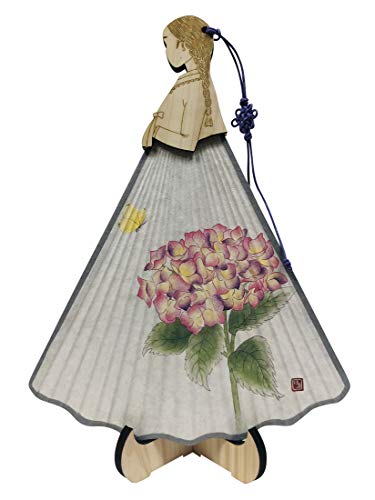 Abanico de mano de madera tallada de ciprés con vestido coreano Hanbok hecho a mano con papel de arroz de morera y bambú, decorativo, para bodas, fiestas, regalo con soporte de madera, Hydrangea