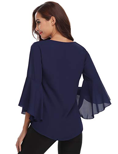 Abollria Camisas Mujer 3/4 Mangas Elegante Blusa Verano Camisetas de Gasa Cuello V Casual Chiffon Top Mangas Acampanadas para Primavera Otoño, Azul Real, M