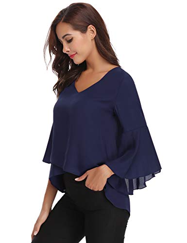 Abollria Camisas Mujer 3/4 Mangas Elegante Blusa Verano Camisetas de Gasa Cuello V Casual Chiffon Top Mangas Acampanadas para Primavera Otoño, Azul Real, M