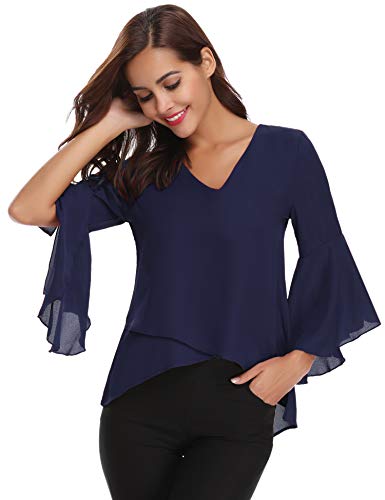 Abollria Camisas Mujer 3/4 Mangas Elegante Blusa Verano Camisetas de Gasa Cuello V Casual Chiffon Top Mangas Acampanadas para Primavera Otoño, Azul Real, M