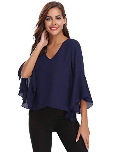 Abollria Camisas Mujer 3/4 Mangas Elegante Blusa Verano Camisetas de Gasa Cuello V Casual Chiffon Top Mangas Acampanadas para Primavera Otoño, Azul Real, M