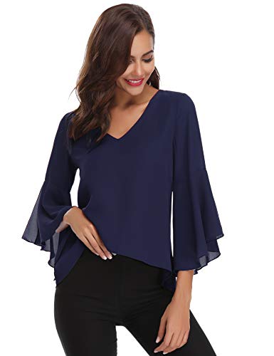 Abollria Camisas Mujer 3/4 Mangas Elegante Blusa Verano Camisetas de Gasa Cuello V Casual Chiffon Top Mangas Acampanadas para Primavera Otoño, Azul Real, M