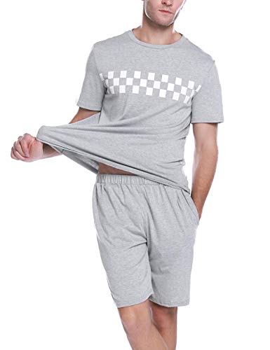 Abollria Pijama Hombre Corto Verano 2 Piezas,Camiseta y Pantalones Cortos Algodón Casual Ropa de Dormir Set Gris,L