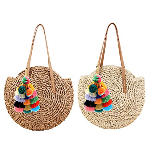 Abuyall - Bolso redondo para mujer, diseño de paja con bola de pompón, ideal para verano, para ir al aire libre, color Blanco, talla Medium