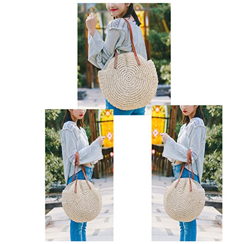 Abuyall - Bolso redondo para mujer, diseño de paja con bola de pompón, ideal para verano, para ir al aire libre, color Blanco, talla Medium