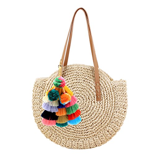 Abuyall - Bolso redondo para mujer, diseño de paja con bola de pompón, ideal para verano, para ir al aire libre, color Blanco, talla Medium