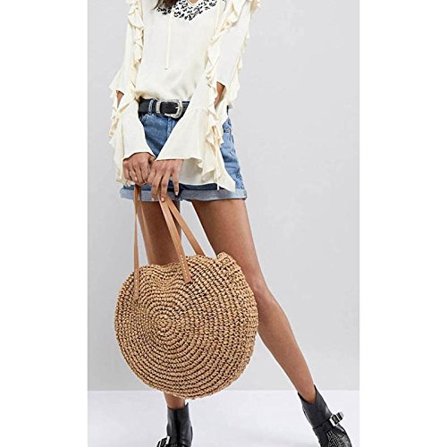 Abuyall - Bolso redondo para mujer, diseño de paja con bola de pompón, ideal para verano, para ir al aire libre, color Blanco, talla Medium