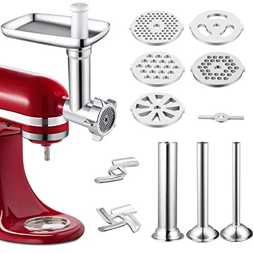 Accesorio para molinillo de alimentos de metal, compatible con todos los mezcladores KitchenAid incluye 3 tubos de embutidos, accesorio para molinillo de carne duradero para KitchenAid