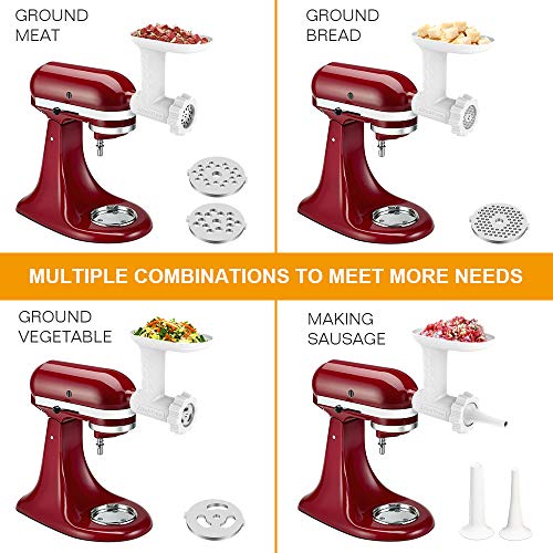 Accesorio para molinillo de alimentos KitchenAid incluye 2 tubos de relleno de salchichas, 4 platos de molienda, accesorio para picadora de carne para cocinaid, color blanco