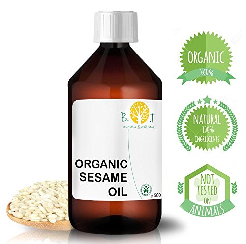 Aceite de Sésamo BIO (500 ml) Aceite de Masaje Ecologico, Aceite Cara, Cuerpo, Cabello, Aceite Vegetal Prensado en Frio 100% Puro Vegano No OGM