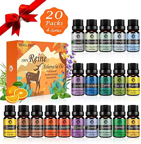 Aceites Esenciales Humidificador, 20x5ml Aceites Esenciales Naturales 100%, Aromaterapia para Humidificador y Difusor Aroma, SPA, Masajes, Relajarse, Ayuda a Dormir con Calma, Set de Regalo Perfecto