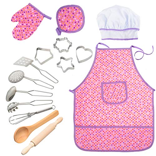 Acekid Cooking Dress Up para niños, 15 Piezas para niñas Kits de Delantales Impermeables con Chef Hat, Mitt de Cocina y cortadores de Galletas, Idea para Hornear, Pintura y jardinería