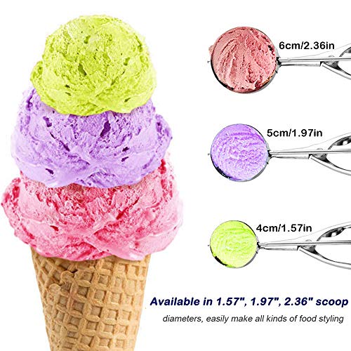 Acero inoxidable palas para helado,cuchara para galletas de acero inoxidable con gatillo fácil de liberar, incluye 3 tamaños: pequeño (4,3cm), mediano (4,4cm), grande (5,4cm),mejor para helado y fruta