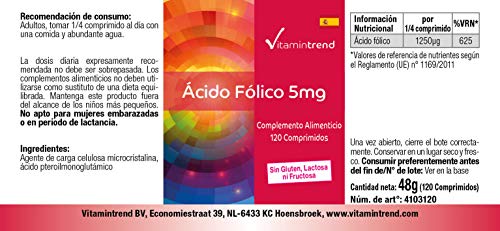 Ácido fólico 5mg – solo 1/4 comprimidos al día – vegano – alta dosificación – 120 comprimidos