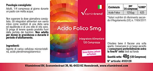 Ácido fólico 5mg – solo 1/4 comprimidos al día – vegano – alta dosificación – 120 comprimidos