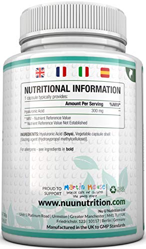 Ácido Hialurónico 300 mg | 90 Cápsulas (Suministro Para 3 Meses) | Tres Veces más Concentrado que Muchas Marcas, por Nu U Nutrition