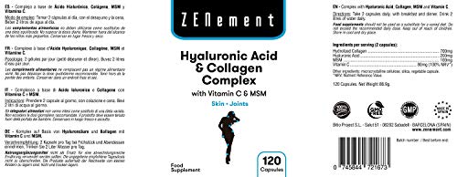 Ácido Hialurónico y Colágeno Complex con MSM y Vitamina C, 120 cápsulas, para combatir los efectos de la edad y tener una piel y articulaciones fuertes y saludables, No GMO, 100% Natural