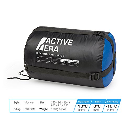 Active Era Saco de Dormir Profesional 300 Tipo Momia, 3-4 Estaciones, Ideal para Camping y Excursiones