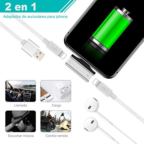 Adaptador de Auriculares para iOS 12 y Superior(2 en 1),Divisor Adaptador Conector de Auriculares para i-Phone 7/8 / XR/X/XS,etc.[Música+Carga+Control de Volumen+Llamada+Voz Vivir]