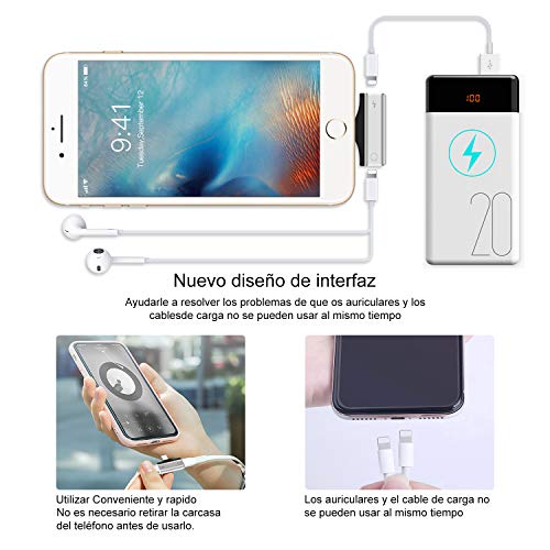 Adaptador de Auriculares para iOS 12 y Superior(2 en 1),Divisor Adaptador Conector de Auriculares para i-Phone 7/8 / XR/X/XS,etc.[Música+Carga+Control de Volumen+Llamada+Voz Vivir]