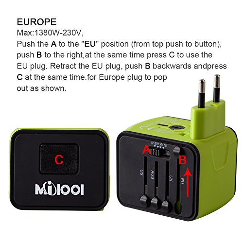 Adaptador de Viaje, Adaptador Enchufe Universal todo en uno Adaptador de Corriente Internacional con Dos USB cubre más de 150 Países Europa,Canadá,México ymás para Dispositivos Android y IOS- Milool