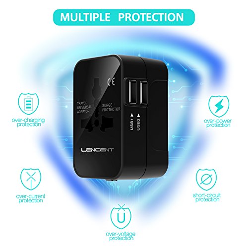 Adaptador de Viaje Universal, LENCENT Enchufe Adaptador Internacional inglés/eeuu/EU/AUS con 2 Puertos USB para más de 150 Países para Ordenadores Portátiles, Teléfonos, Tabletas, Cámara y más.