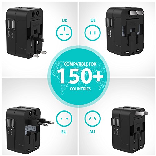 Adaptador de Viaje Universal, LENCENT Enchufe Adaptador Internacional inglés/eeuu/EU/AUS con 2 Puertos USB para más de 150 Países para Ordenadores Portátiles, Teléfonos, Tabletas, Cámara y más.