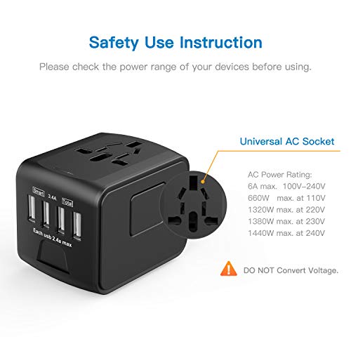 Adaptador Enchufe de Viaje HUANUO Universal Enchufe Adaptador Internacional con Dos Puertos USB para Más de 150 Países,100 – 240 V AC, con Seguridad Integrada, Adaptador de Viaje con 4 USB Carga