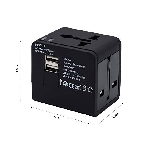 Adaptador Internacional de Viaje Cargador con Dos USB 2.1 A y Conectores universales de Pared para UK, US, AU, Europa y Asia y Fusible de Seguridad