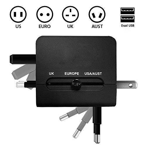 Adaptador Internacional de Viaje Cargador con Dos USB 2.1 A y Conectores universales de Pared para UK, US, AU, Europa y Asia y Fusible de Seguridad