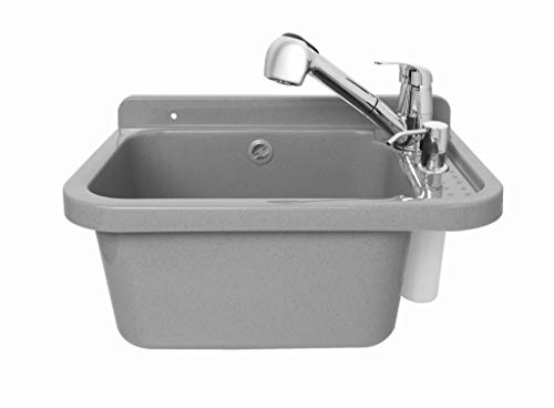 ADGO House Fregadero + Dispensador de batería con kit de montaje Garaje Jardín Baño Granja Exterior Industrial (50cm, Gris)