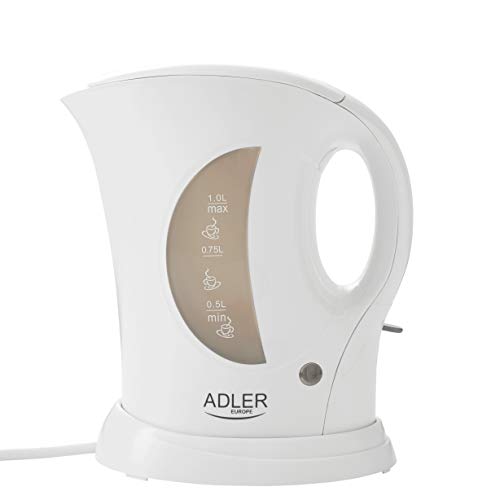 Adler AD 03 Hervidor de Agua, 900 W, 1 Liter, 0 Decibeles, Plástico, Blanco/Gris