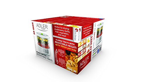 Adler AD 6654 Deshidratador de Alimentos, frutas, Verduras, Setas, 4 Bandejas, 1000W, Libre de BPA, 400 W, Color blanco