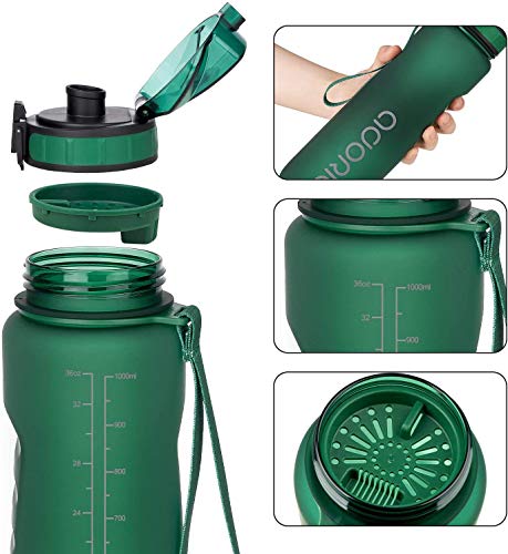 ADORIC Botella Agua Deporte Botella Agua Gimnasio Plastico con Filtro 500ml a 1000ml - No Tóxico sin BPA con Tapa Abatible (Verde Oscuro 1000ML)