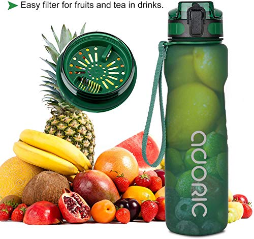 ADORIC Botella Agua Deporte Botella Agua Gimnasio Plastico con Filtro 500ml a 1000ml - No Tóxico sin BPA con Tapa Abatible (Verde Oscuro 1000ML)