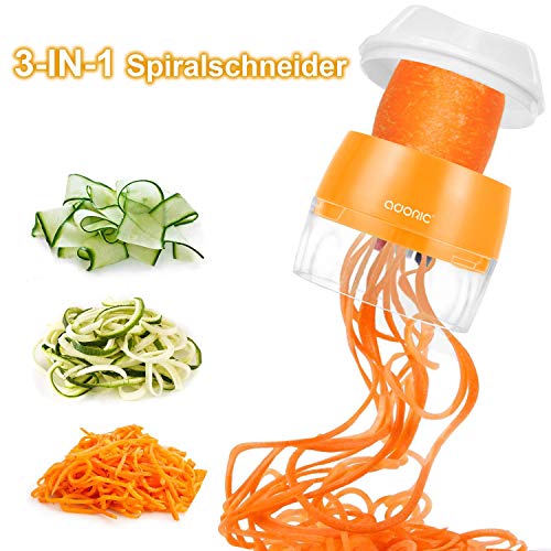 Adoric Cortador de Verdura 4 en 1 Rallador de Verduras Calabacin Pasta Espiralizador Vegetal Veggetti Slicer Pepino, Espaguetis de Calabacin, Cortador Espiral Manual (Naranja)