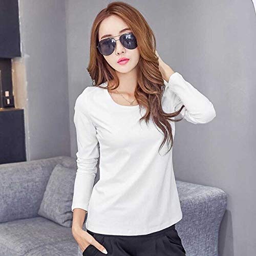 ADSIKOOJF Camiseta de algodón Mujer 2019 Nueva Primavera Otoño Camiseta de Manga Larga con Cuello Redondo a Rayas Mujer Blanco Casual Básico Clásico Tops Ropa MQ