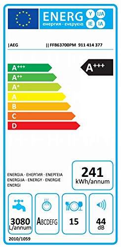 AEG FFB63700PM Lavavajillas AirDry 15 cubiertos, Display LCD, Clase A+++, Desconexión automática, 7 programas a 5 temperaturas, Tercera bandeja para cubiertos, Motor Inverter, 44 dBA, Inox, 60 cm