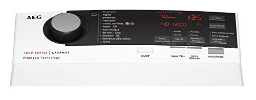 AEG L7TBE721 Lavadora de Libre Instalación, Carga Superior, 7 Kg / 1200 rpm, 10 Programas + Vapor, Programa Rápido, Inicio Diferido, Autoposicionamiento Tambor, Apertura Suave, LCD, Blanca, A+++-10%