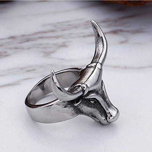 Aeici Anillo Hombre Hip Hop de Titanio Anillos Cabeza de Toro Ángulo Recto Anillos Plata Anillos Talla 17