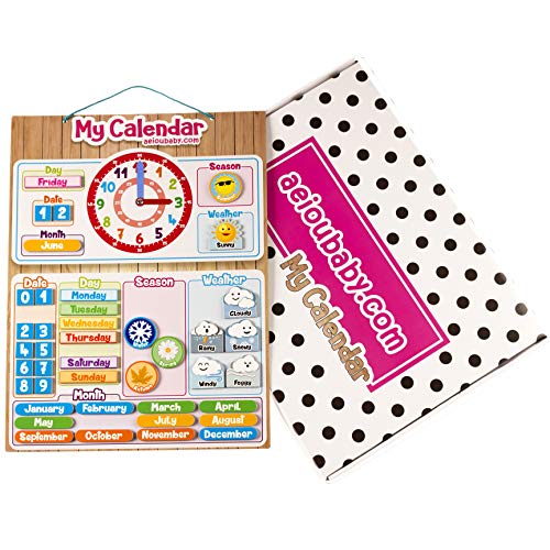 aeioubaby.com Calendario Reloj Magnético Infantil, Juego Educativo Fecha Tiempo y Hora para Pared o Frigorífico, 43x32cm. Caja Cumpleaños de niños en Colegio o Guardería (Inglés).