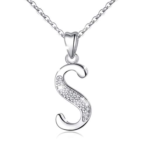 AEONSLOVE Plata 925 "Letra del Alfabeto" Colgante Inicial Collar con Zirconia Cúbico, Cadena 45,7cm con Hebilla de Resorte, Letra S