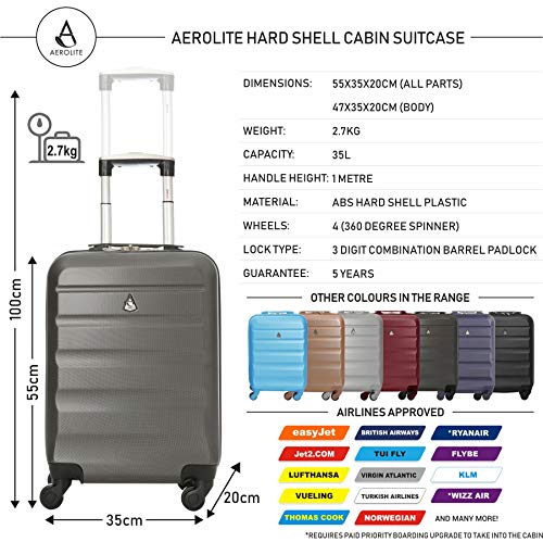 Aerolite ABS 55cm Maleta Equipaje de Mano Cabina rígida Ligera con 4 Ruedas (Negro + Carbón)