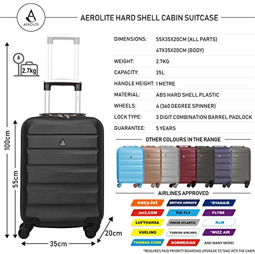 Aerolite ABS 55cm Maleta Equipaje de Mano Cabina rígida Ligera con 4 Ruedas (Negro + Carbón)