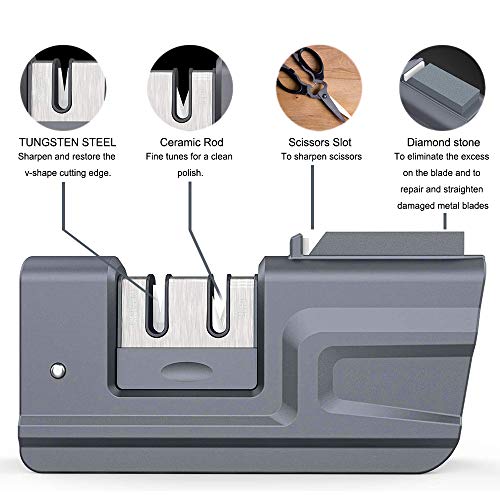 Afilador de Cuchillos, 4 en 1 Afilador Cuchillos Profesional Plegable, Cocina Afiladores de Tijeras Manuales con Mango Ergonómico & Base Antideslizante, Cerámica, Diamante, Hoja de Tungsteno