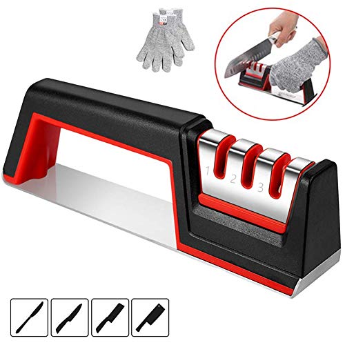 Afilador de Cuchillos de Cocina con Formas y afiladores, Afilador con Mango Afilador de Cuchillos Knife Sharpener Acero de carburo de tungsteno, Varillas de Diamante, Base Antideslizante