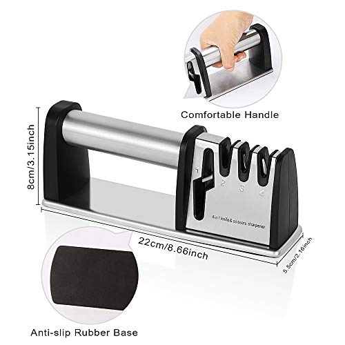 Afilador de cuchillos y tijeras, KissDate 4 en 1, afilador manual de 4 etapas con base antideslizante para afilar cuchillos de cocina, tijeras, cuchillo de acero