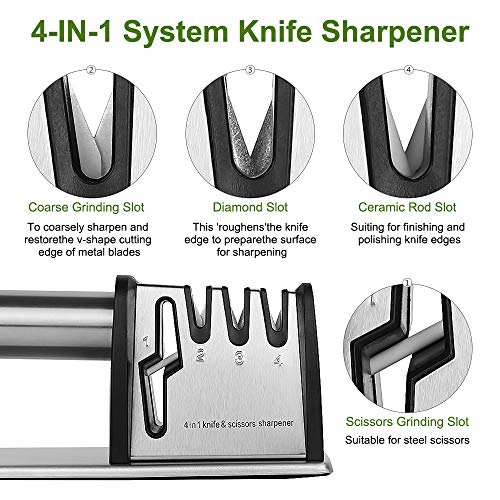 Afilador de cuchillos y tijeras, KissDate 4 en 1, afilador manual de 4 etapas con base antideslizante para afilar cuchillos de cocina, tijeras, cuchillo de acero